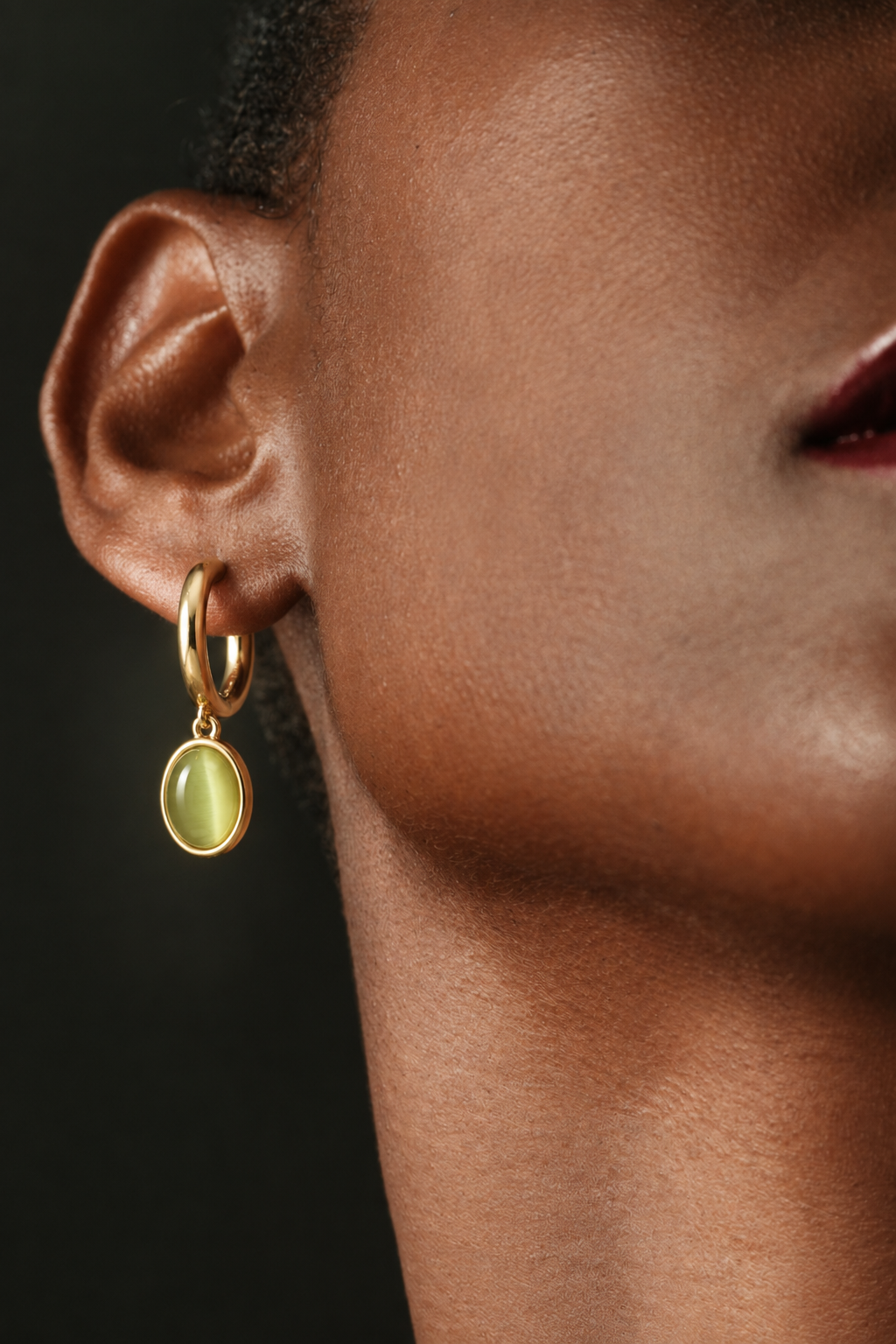 Oval Green Stone Gold Huggie Drop Earrings