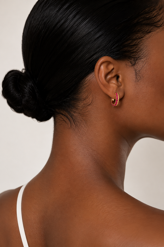 Pink & Clear Crystal Gold Huggie Hoop Earrings