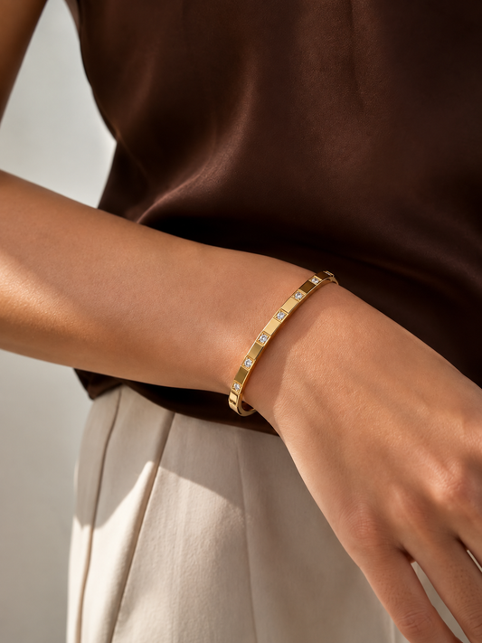 Seven Stone Gold Hinged Bangle Bracelet – Minimalist Crystal Bracelet