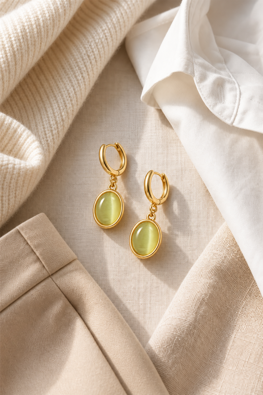 Oval Green Stone Gold Huggie Drop Earrings