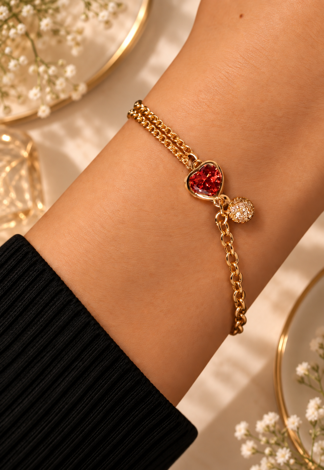 Amour Red Heart Charm Gold Bracelet