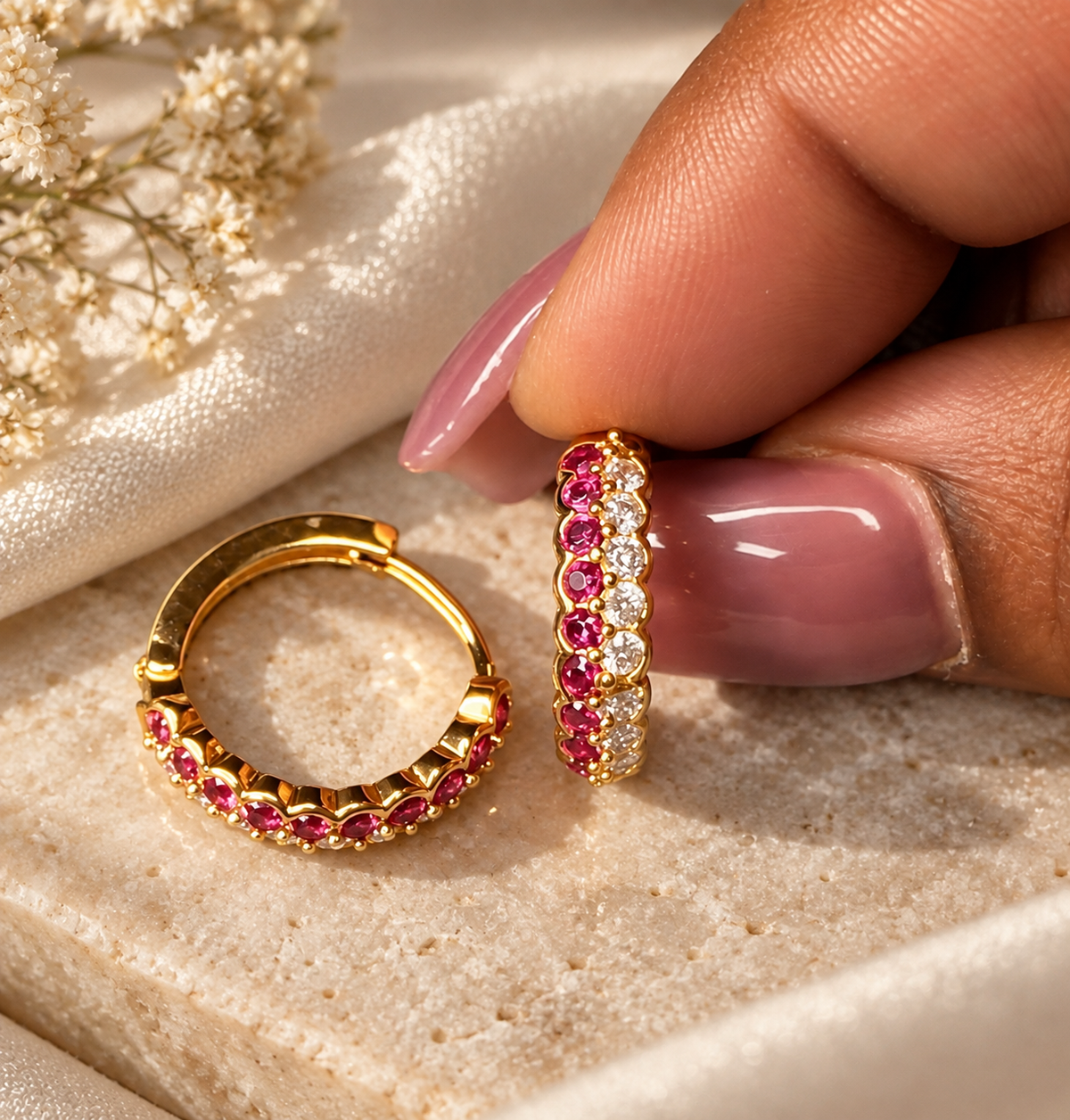 Pink & Clear Crystal Gold Huggie Hoop Earrings