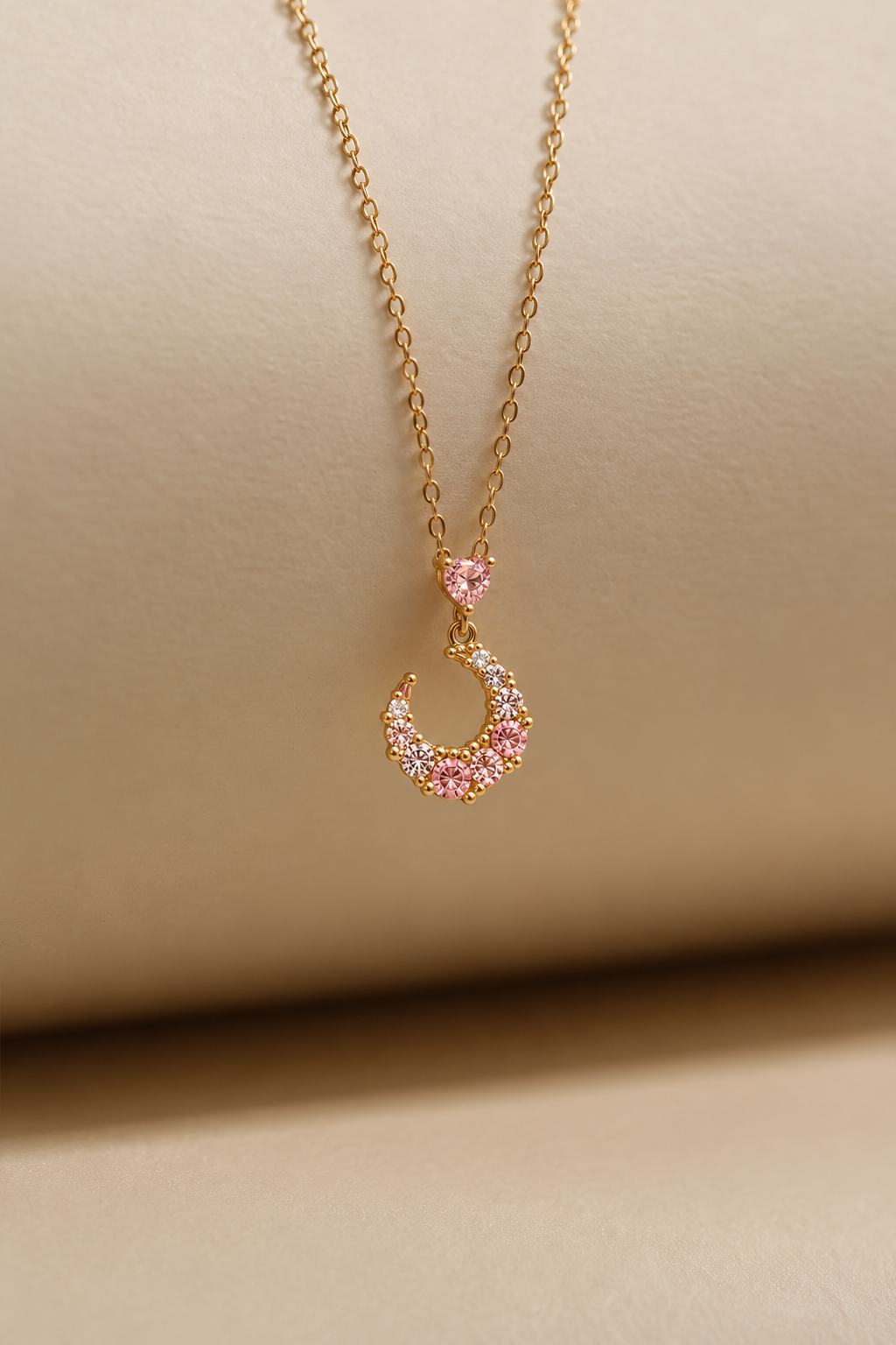 Pink Crystal Crescent Moon Necklace – Dainty Gold Heart Pendant