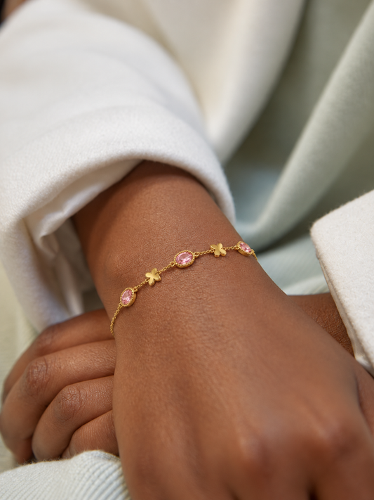 Dainty Pink Oval Crystal & Gold Clover Charm Bracelet