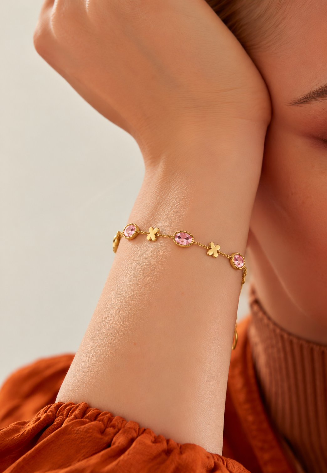 Dainty Pink Oval Crystal & Gold Clover Charm Bracelet