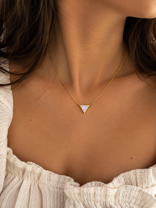 Dainty Gold Iridescent Triangle Necklace – Minimalist Geometric Pendant