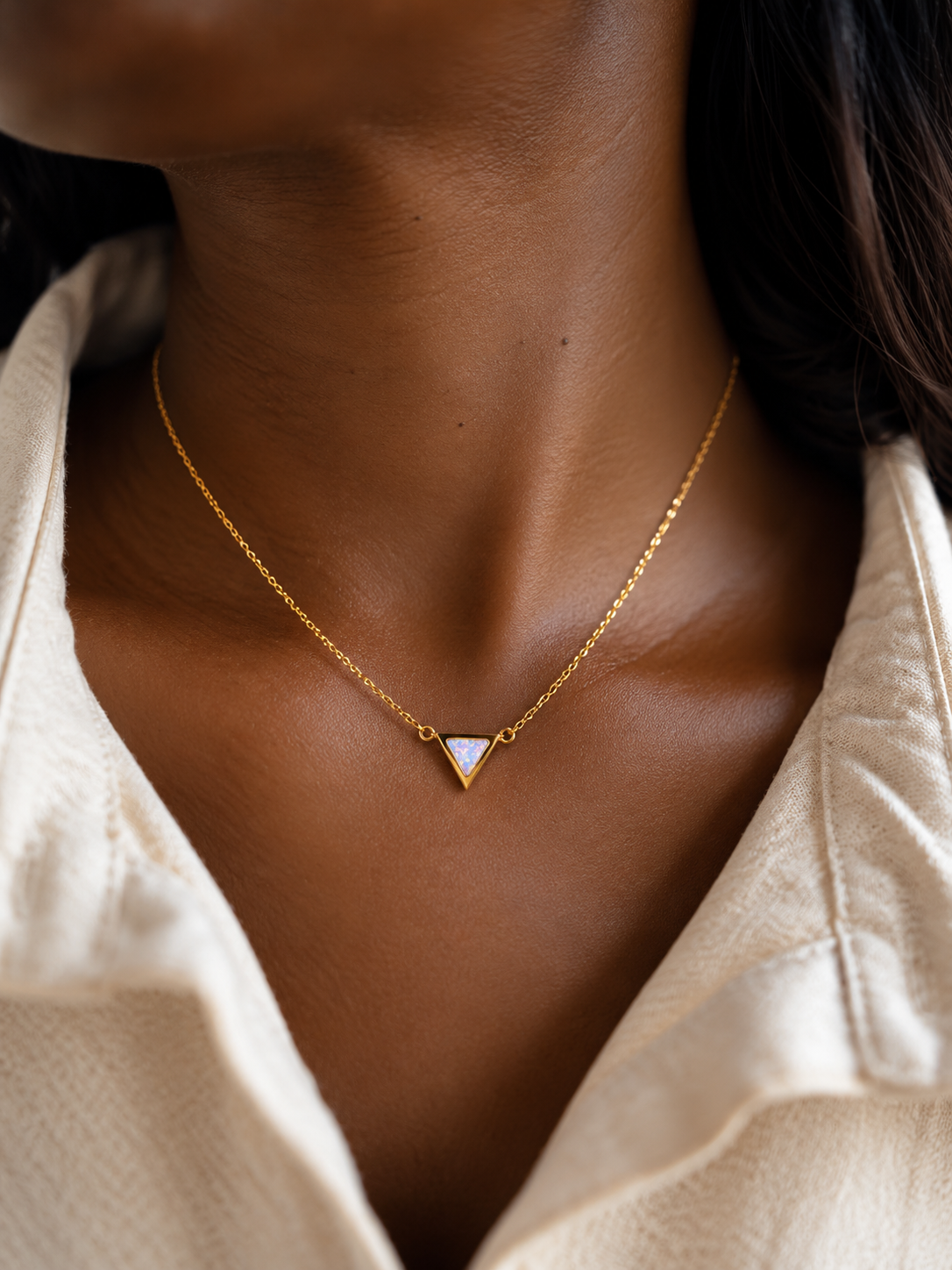 Dainty Gold Iridescent Triangle Necklace – Minimalist Geometric Pendant