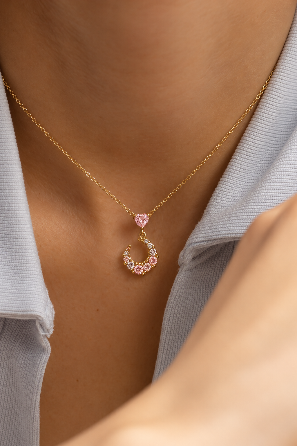 Pink Crystal Crescent Moon Necklace – Dainty Gold Heart Pendant