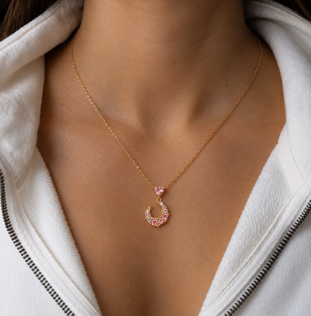Pink Crystal Crescent Moon Necklace – Dainty Gold Heart Pendant