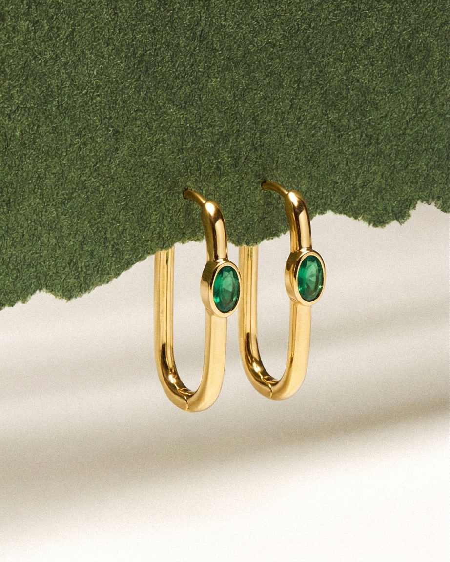 18k Gold Filled Emerald Green Gold Hoop Earrings – Minimalist Statement Earrings